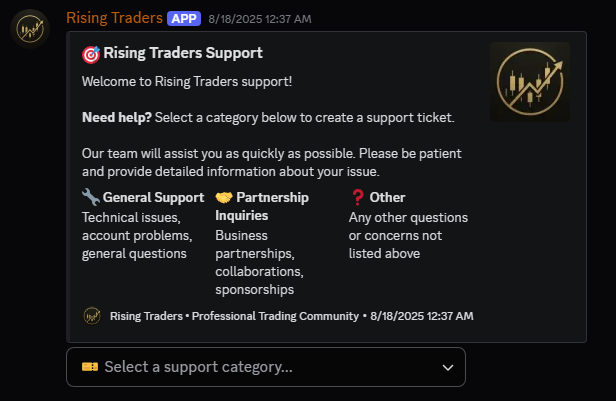 Discord support ticket bot embed with category dropdown