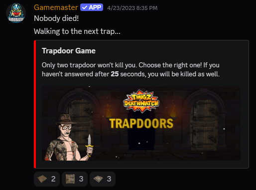 Discord game bot embed showing an interactive trapdoor round