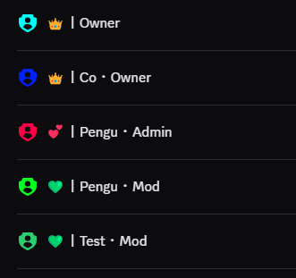 Discord role hierarchy showing owner, admin and moderator roles