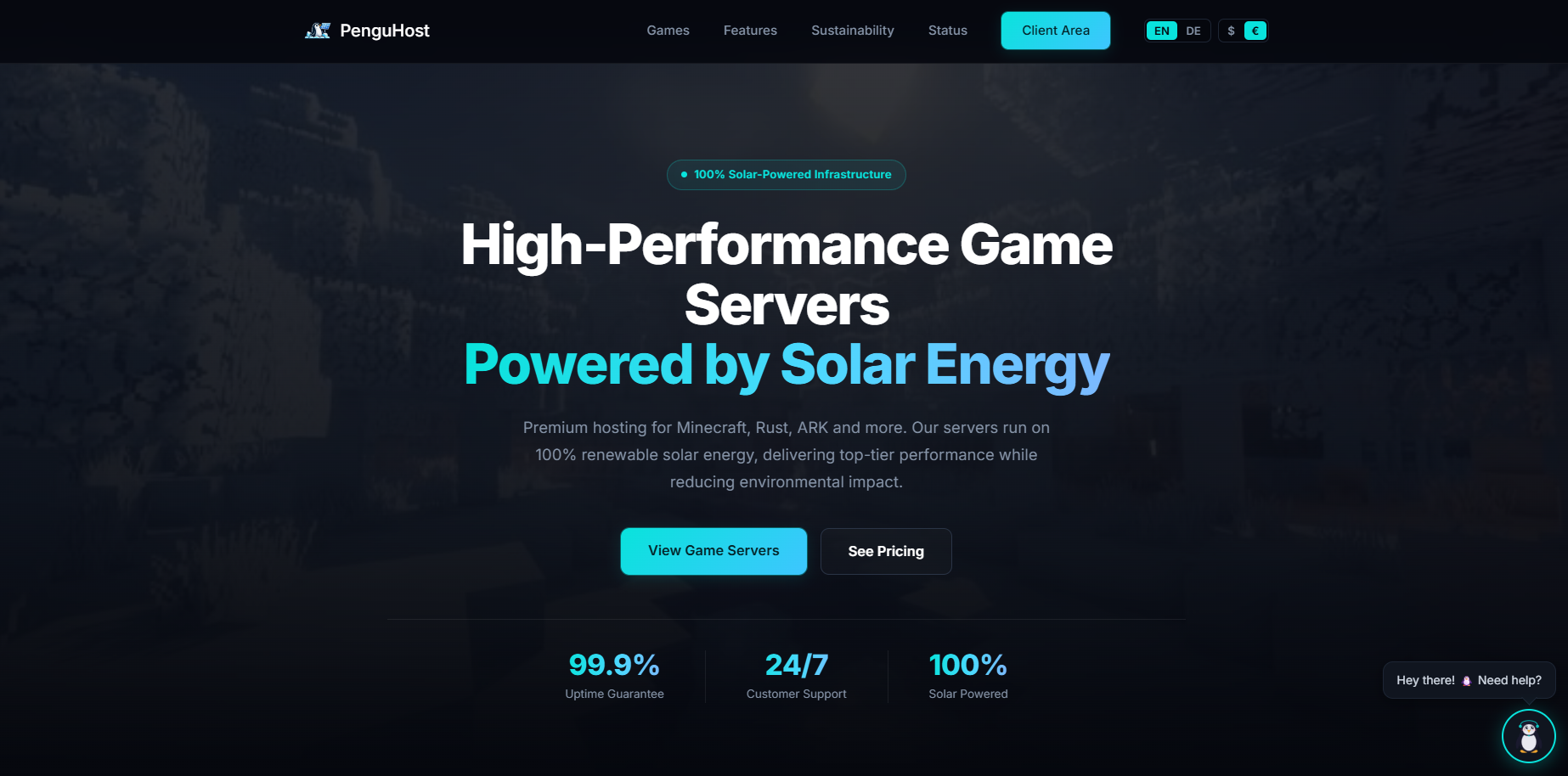 PenguHost game server hosting website — dark hero section with statistics