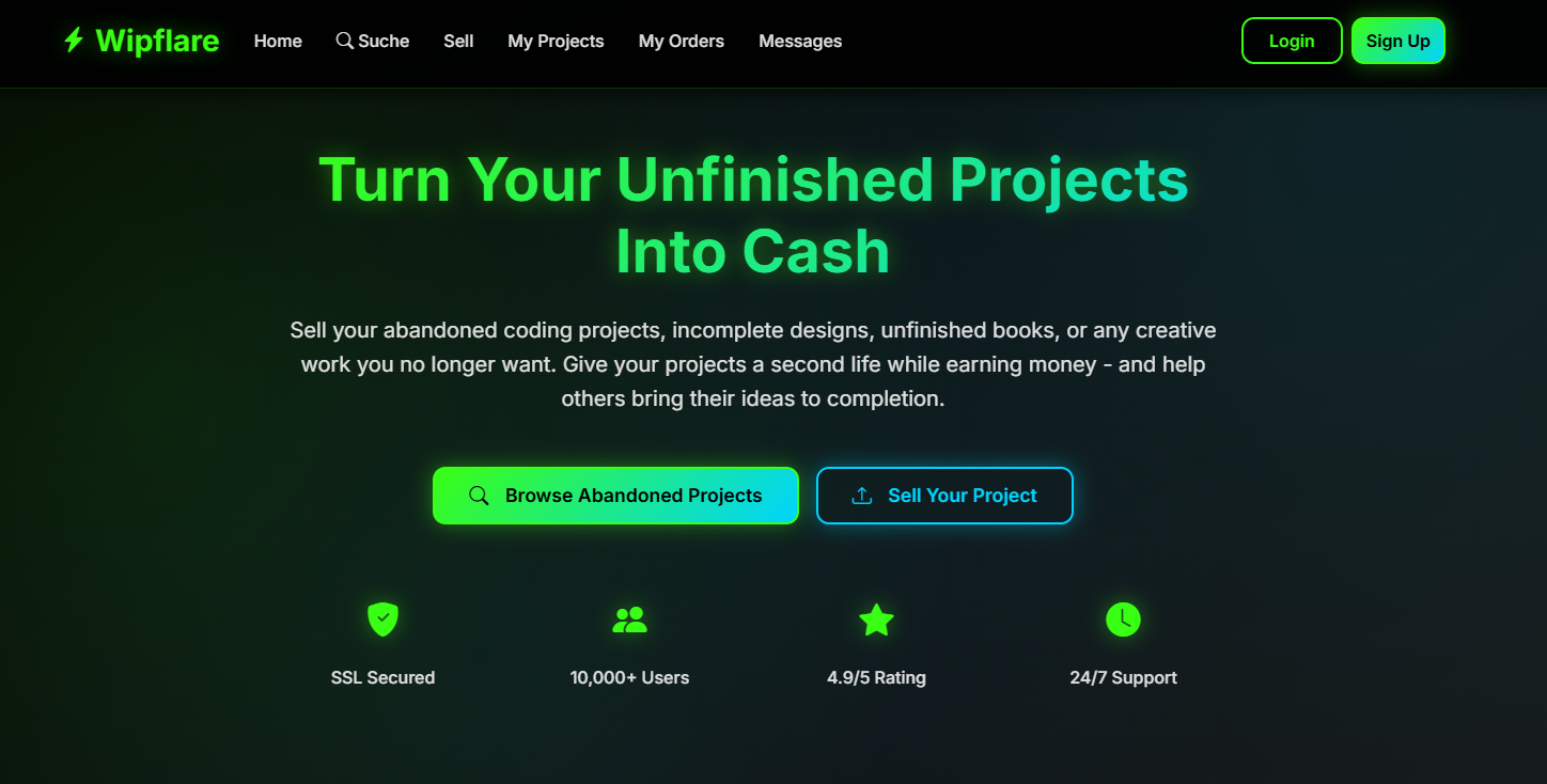 Wipflare marketplace website — green on dark hero with trust badges